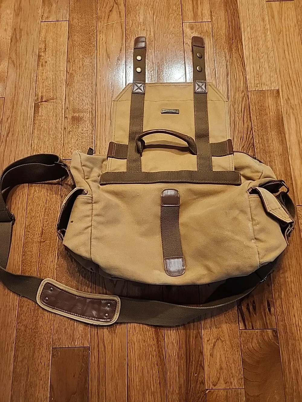 Men's Evecase Khaki Canvas Convertible Backpack Messenger Shoulder Bag
